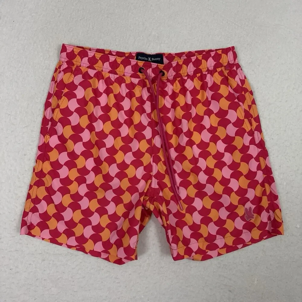Psycho Bunny Swim Trunks Mens Small Pink Orange Geometric Lined Beach Shorts